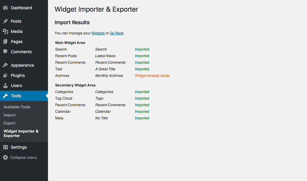 Widget Importer & Exporter capture d'écran